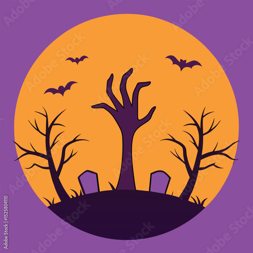 Spooky halloween night scene with rising zombie hand bats and full moon background