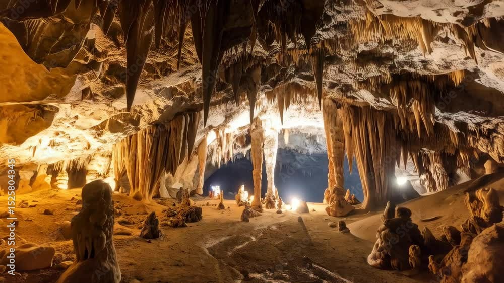 Expansive cave interior with stalactites, stalagmites, and smooth pathways illuminated by soft light
