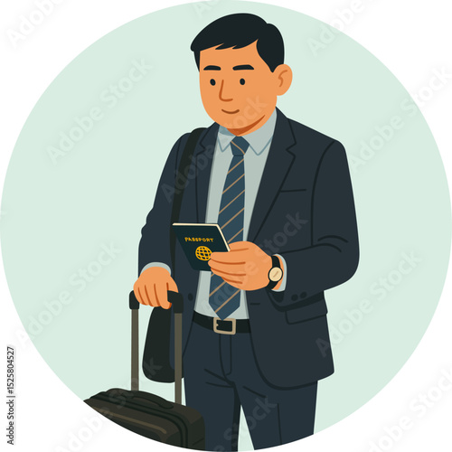 South-East Asian businessman travelling with the suitcase and his passport.  