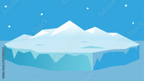 Minimalist illustration of an iceberg floating in a wintery scene with snowflakes