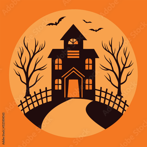 Spooky halloween scene with haunted house silhouette and flying bats in orange circle