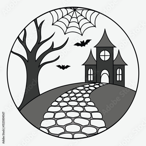 Spooky halloween scene with a haunted house bats cobwebs and a path in grayscale vector design
