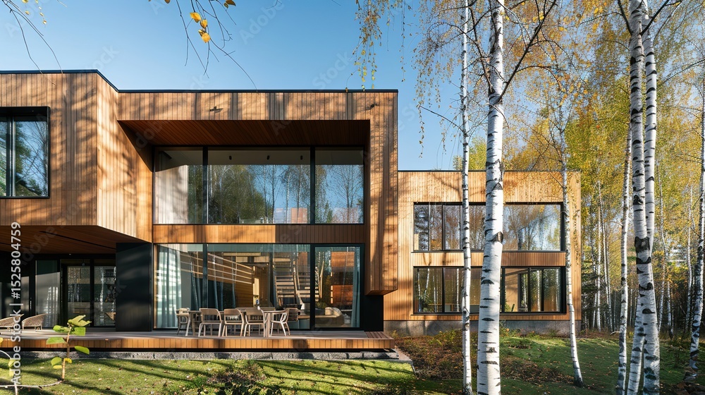Naklejka premium Elegant Scandinavian Modern Home with Natural Wood Elements in Peaceful Forest Setting. Ideal for architecture portfolios, sustainable living magazines, furniture catalogs or Nordic travel promotions