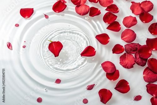 Petals floating on water. white background. Cool and tinny. Waterfront.