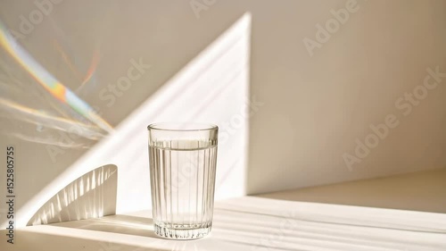 Elegant shot of a glass of water with light rays casting rainbow and shadows on a beige surface, creating a calm, aesthetic scene
