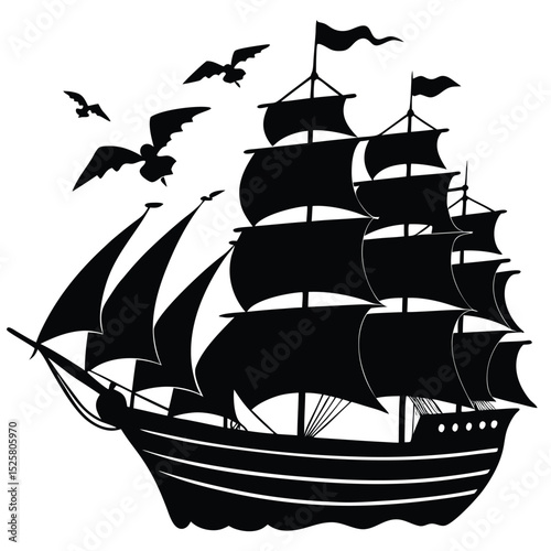 Black silhouette illustration of a detailed sailboat with flying seagulls against a white background