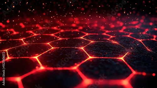 Glowing red hexagonal grid pattern on dark surface with fiery sparks and abstract digital atmosphere