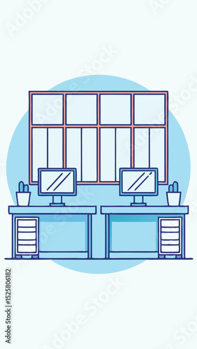 Modern office interior with desks and monitors on a transparent background