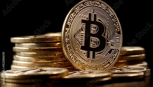 Golden Bitcoin coins on a dark background photo