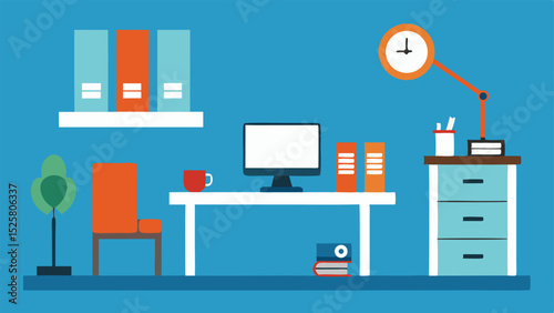 Modern office workspace illustration depicting desk computer clock chair and stationery elements