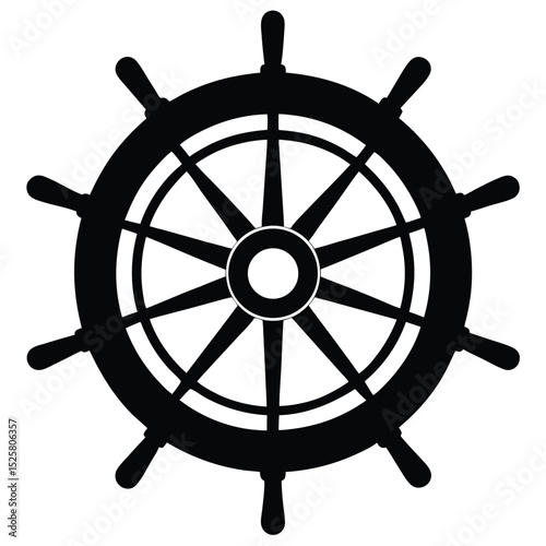 Bold black silhouette of a nautical ship wheel isolated on a clean white background