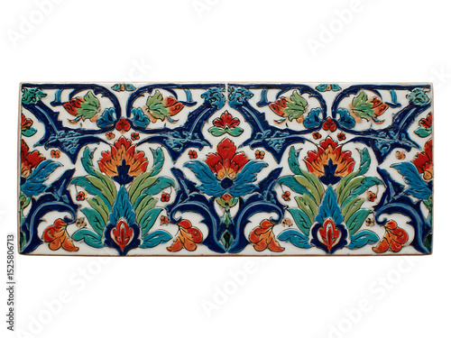 Detailed floral ceramic tile with red orange and blue hues.