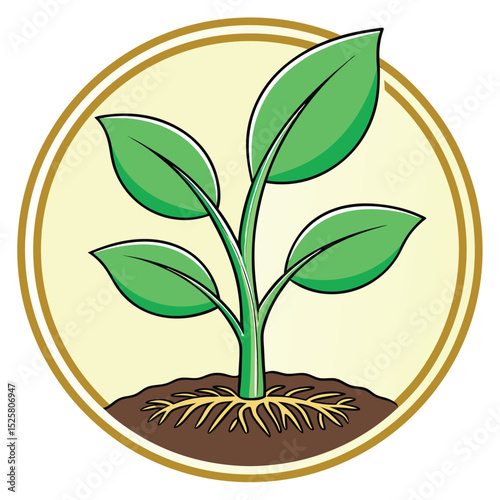 Cartoon sprout of plant life inside a decorative golden circular frame