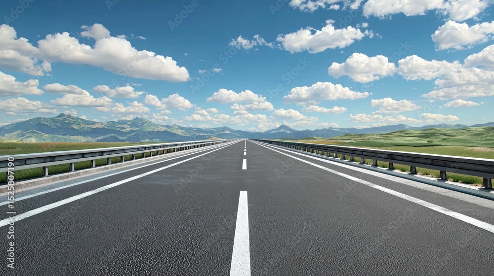 Fototapeta premium A long, straight, empty highway stretching into the distance with a clear blue sky and fluffy white clouds above.