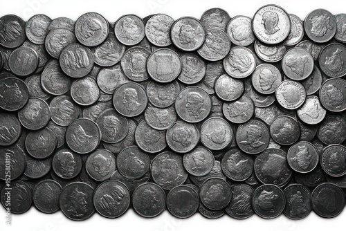 A large collection of assorted old and worn silver coins closely arranged with various heads and designs on a white background