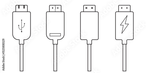 USB cable port icon set. USB type C and A lightning and micro USB mobile phone charger collection. Plug adapter symbol. Electronic device connector. Smartphone charger sign. Variety type of a symbols.