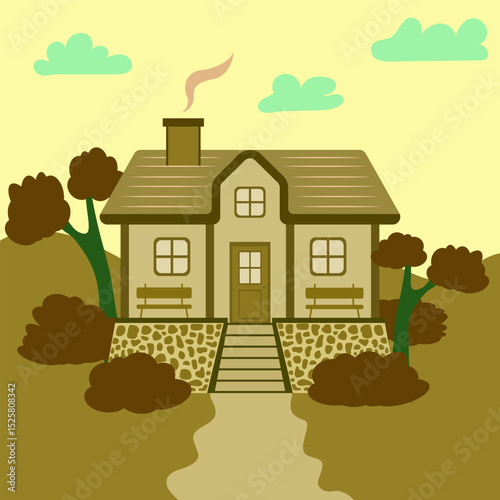 Cute cozy village house with trees and garden. Design Concept Home Village. Cozy countryside, fields, village building nature concept. Fairytale colonial retro house illustration, sign, symbol, object