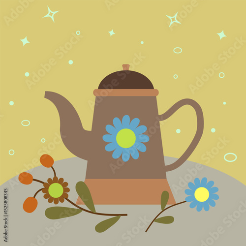 Cottagecore Theme Style Tea Pot Vector Template