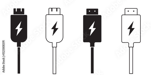 USB cable port icon set. USB type C and A lightning and micro USB mobile phone charger collection. Plug adapter symbol. Electronic device connector. Smartphone charger sign. Variety type of a symbols.