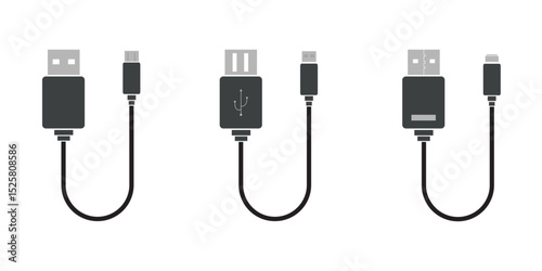 USB cable port icon set. USB type C, A, lightning and micro USB mobile phone charger vector illustration collection. USB cable icon. Mobile charger. Micro USB cables. USB cable Vector  illustration.