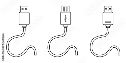 USB cable port icon set. USB type C and A lightning and micro USB mobile phone charger collection. Plug adapter symbol. Electronic device connector. Smartphone charger sign. Variety type of a symbols.