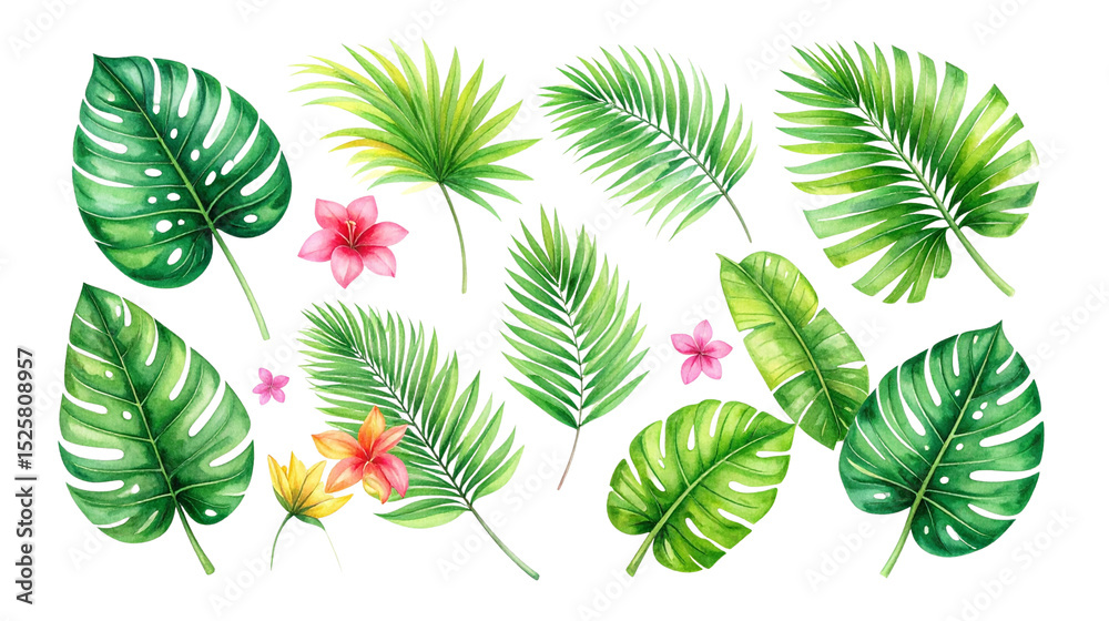 Fototapeta premium Set of green leaves including palm trees, ferns, isolated on white background.