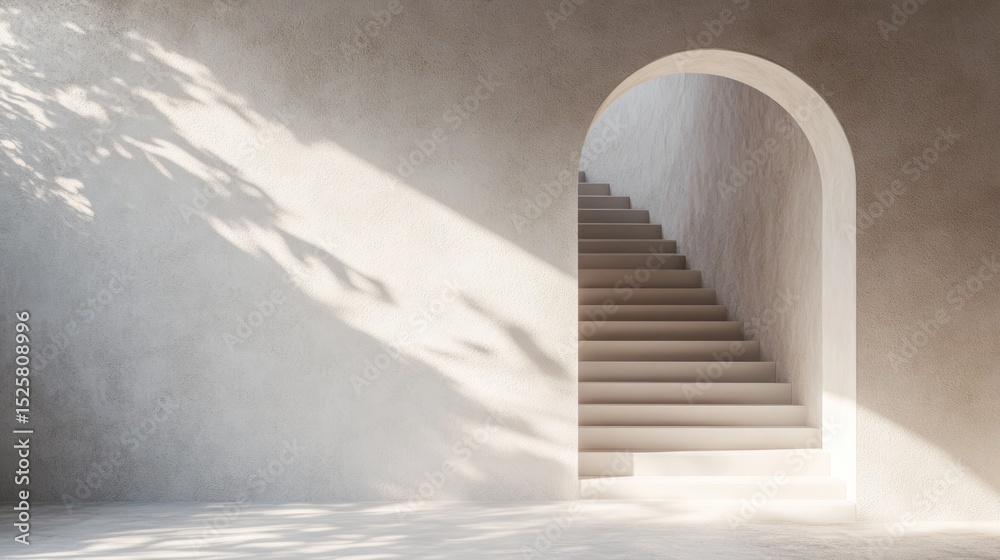 Fototapeta premium Beige interior with arched doorway and stairs. Sunlight casts shadows