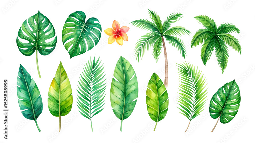 Obraz premium Set of green leaves including palm trees, ferns, isolated on white background.