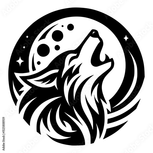 A tribal-style black and white wolf howling at the moon