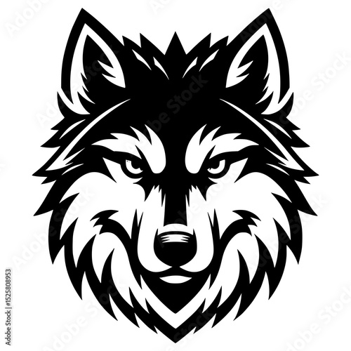 A fierce black and white wolf head illustration with sharp eyes and bold lines