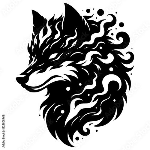 A fantasy-themed black and white illustration of a wolf with glowing eyes and smoke-like fur details