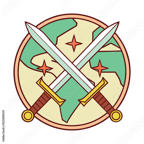Crossed swords with star accents symbolizing power and protection on a circle