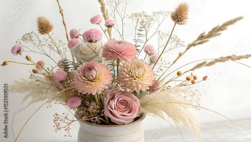 Beautiful dried flower arrangement in a stylish pink vase. In the flower bunch is pink King Proteas, Banksia, Eucalyptus leaves and golden Palm frond photographed on a white background. photo