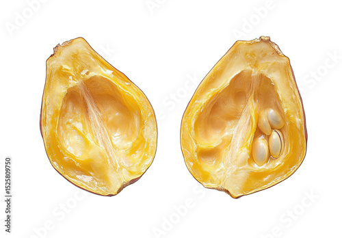 Two halves of a gourd,  seeds visible,  pale yellow interior