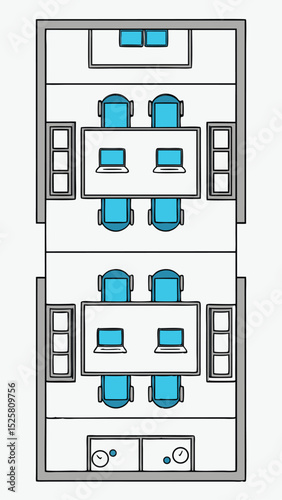 Top down view of modern office space layout with desks laptops and chairs