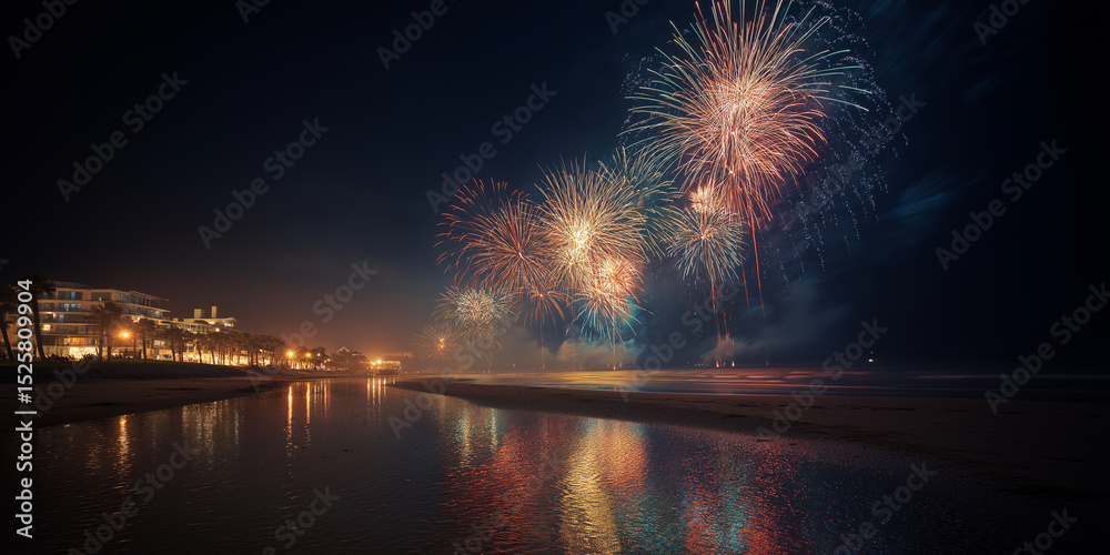 Fototapeta premium 夏の夜空に咲くカラフルな花火が水面に美しく反射する幻想的な風景イラスト|夜景|祭り|光のアート|観光|夏の風物詩|高解像度デジタルアート素材