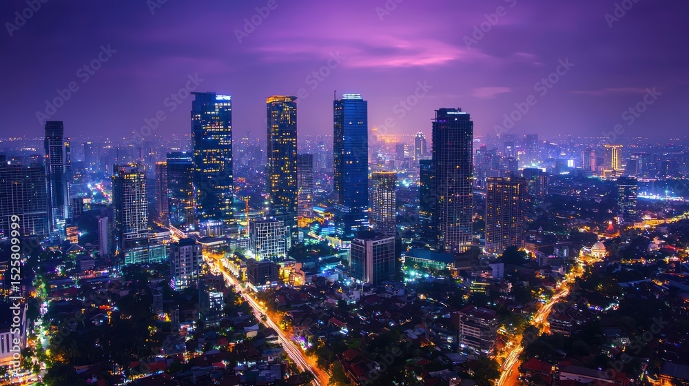 Obraz premium A vibrant city skyline at night with tall buildings illuminated by neon lights, a mix of urban and natural elements, and a dramatic sky with a gradient of purple and orange hues.