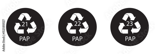 Recycle and Packing icons set sign and symbol. Recycle sign or Packaging sign. The universal recycling symbol isolated. Variety colors Recycle and Packing types of a design. Vector illustration.