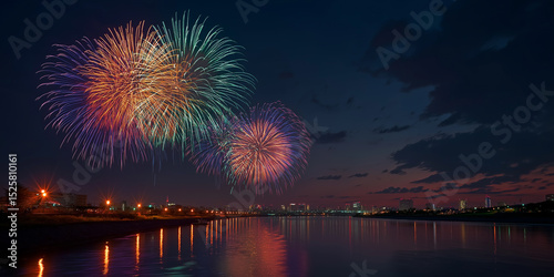 暗い夜空に咲く大輪の打ち上げ花火が水辺に映る美しい瞬間を切り取った高解像度イラスト｜風景画｜夏祭り｜観光プロモーション用素材にも最適