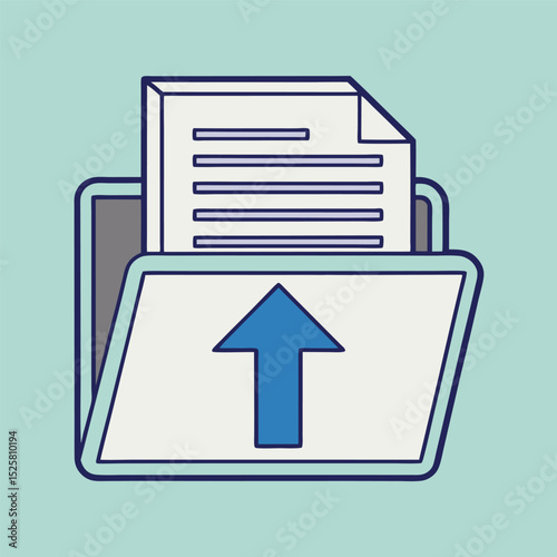 Digital file upload process illustrated with upload arrow and document in folder