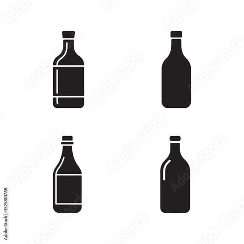 Four Solid Black Bottle Silhouettes with Labels on White Background Set