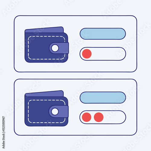 Digital wallet progress with indicators showing funds availability and transaction status