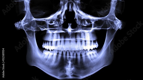A human skull with visible teeth and jaw, viewed from the side against a black background.
