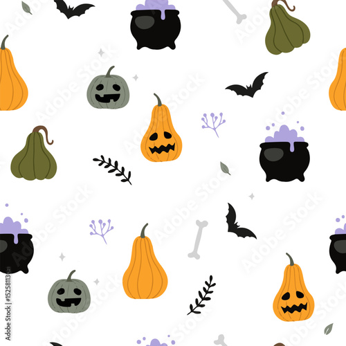 Cute spooky Halloween themed vector seamless pattern design with carved pumpkin, bats, black cat, witchy hat, skull illustration in cartoon retro groovy funky style for wrapping paper, background