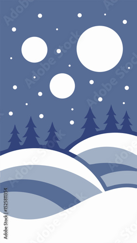 Winter landscape with falling snow and trees minimalist illustration on a white background