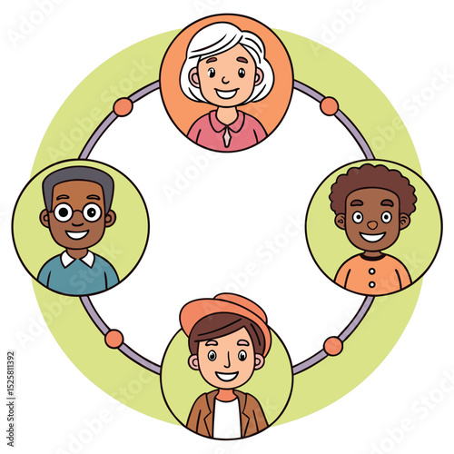 Diverse group of smiling people in a circular arrangement representing unity and connection