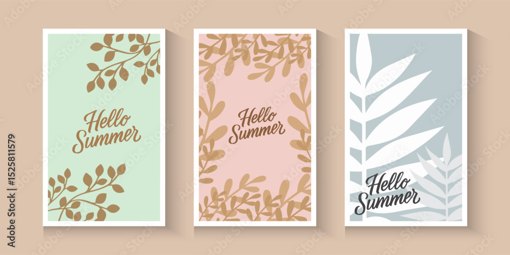 Naklejka premium Abstract summer or spring poster or card set in art style with trees leaves flowers on the palms, surfboard, sea, seashells on pastel colour and blue. Trendy summer design for branding, ads, print
