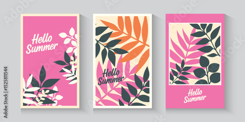 Abstract summer or spring poster or card set in art style with trees leaves flowers on the palms, surfboard, sea, seashells on pastel colour and blue. Trendy summer design for branding, ads, print