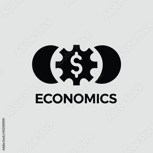 Economic icon featuring gear and dollar sign with text on transparent background