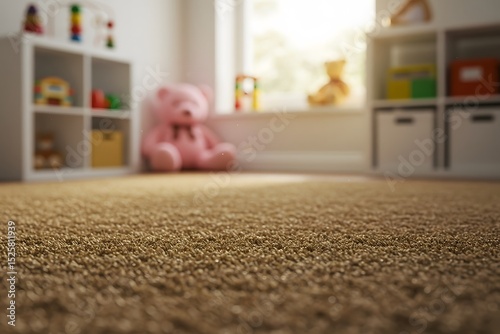 concept of comfort. a child's playroom, a close-up view of a beige carpet in the foreground.Close-up of soft beige carpet in a cozy nursery room, blurred background showing toys and shelves in bright 